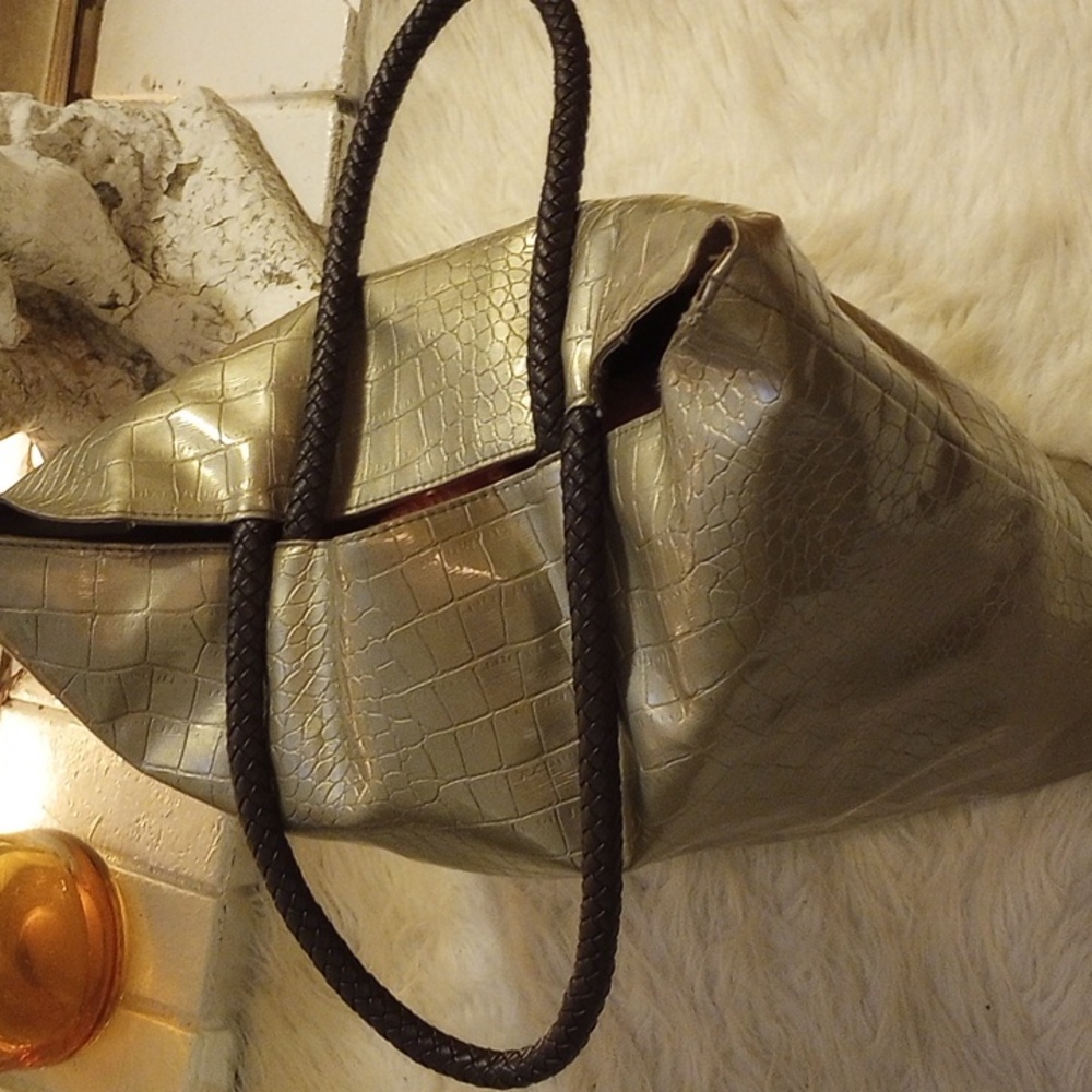 Large Saks Fifth Avenue Tote. Croc embossed. Brass tone. Braided brown straps. - Picture 3 of 11